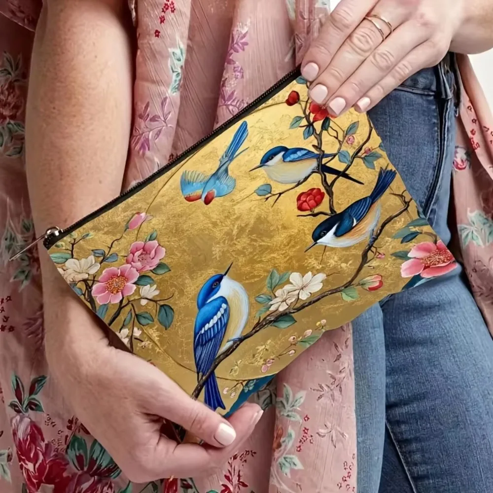 Lightweight, Foldable Floral Bird Pattern Fabric Makeup Bag | Zippered Cosmetic Pouch with Golden Background Design
