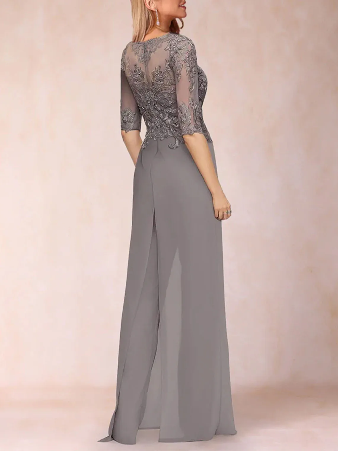 فستان سهرة أنيق مكون من قطعتين بأكمام طويلة من الشيفون ورقبة سكوب بطول الأرض فستان زفاف الضيوف 2025 مخصص مجاني