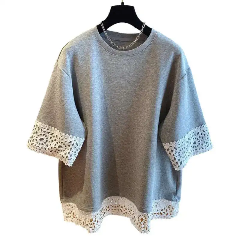 Hook Flower Hollow Out Spliced Women Loose Casual All-match T-shirt Pullover O-neck Short Sleeve Top  Summer