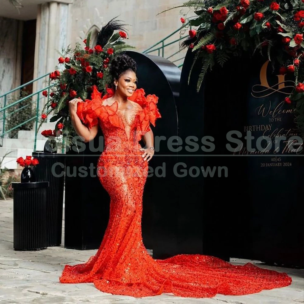 Gliter Sparkly Red Evening Dresses Luxury Chaple Train V-Neck Short Sleeve Long Dress Elegant Women Exquisite Celebrity Gowns