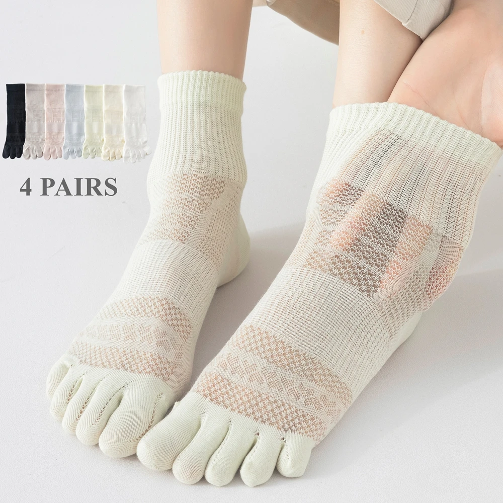4 Pairs Women Toe Socks Summer Mesh Thin Five Finger Socks High Quality Cotton Crew Socks Short Sports Middle Tube