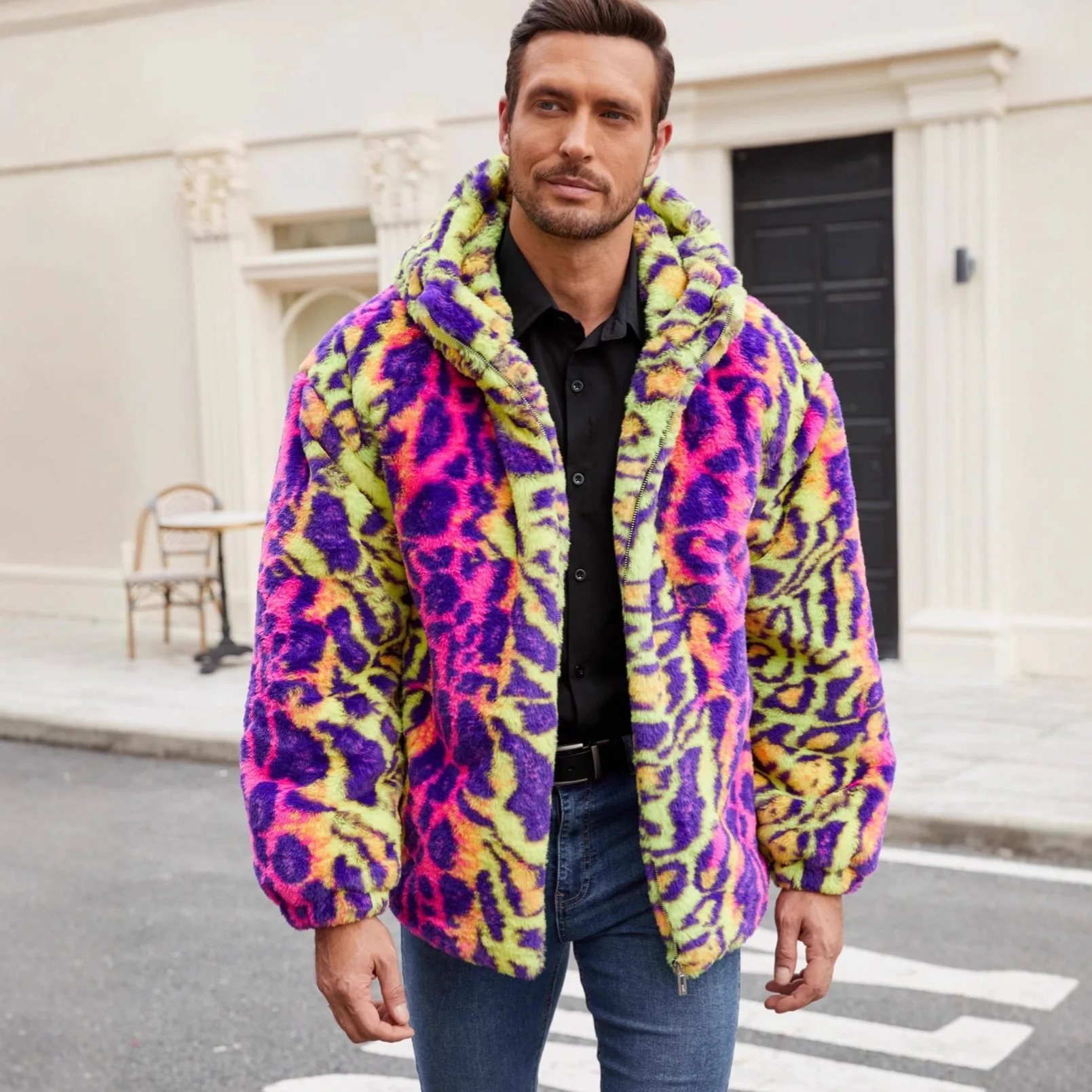 

Men's Leopard Casual Trendy Loose Long Sleeve Thicken Hooded Faux Fur Coats Autumn Winter New Fashion Male Colorful Clothes Tops
