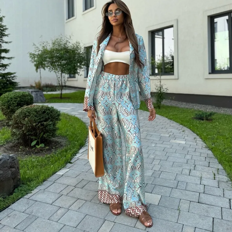 

Luxury Satin Print Two Piece Set for Women Elegant Long Sleeve Shirt Wide Leg Pants Outfits Loose Loungewear Sleepwear Homewear