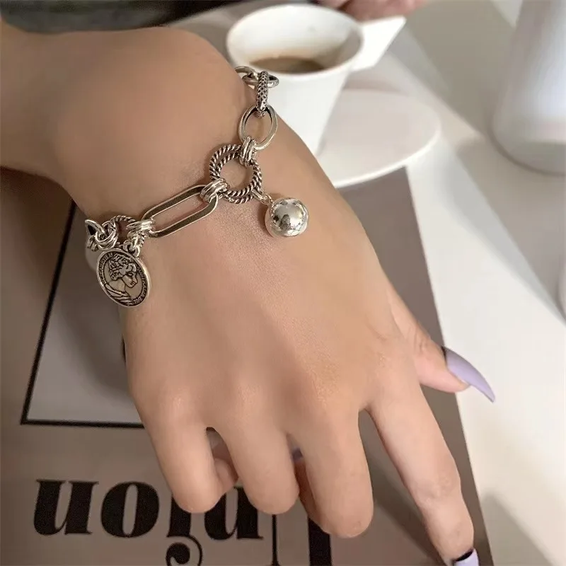 

Trendy 925 Sterling Silver Hollow Hiphop Ball Portrait Circle Bracelet for Women Vintage Handmade Hasp Bracelet Birthday Gift