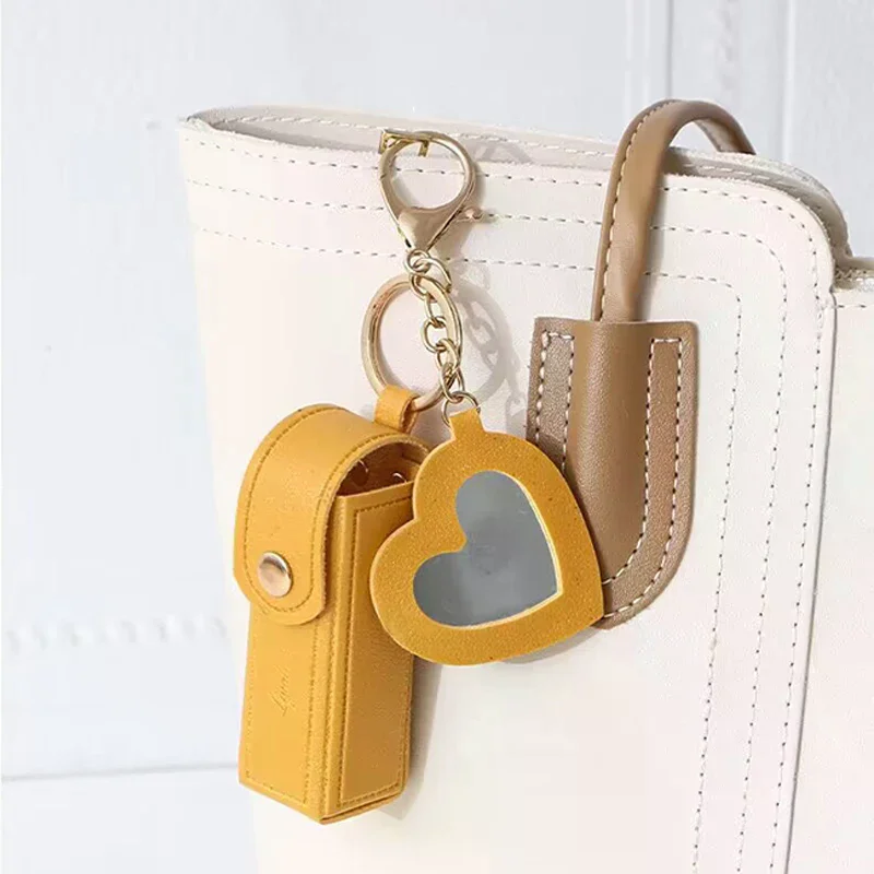 [1pc] Solid Color Portable Lipstick Bags Wallet Keychain Mini Storage Bag Women Lipsticks Protective Cover Mini Makeup Mirror