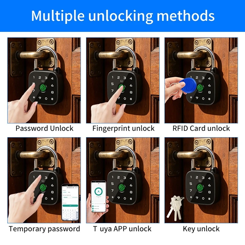 Smart Fingerprint Padlock Bluetooth Waterproof Anti-Theft Lock 6mm Shackle APP Password Card Key Type-C Rechargeable for Gym