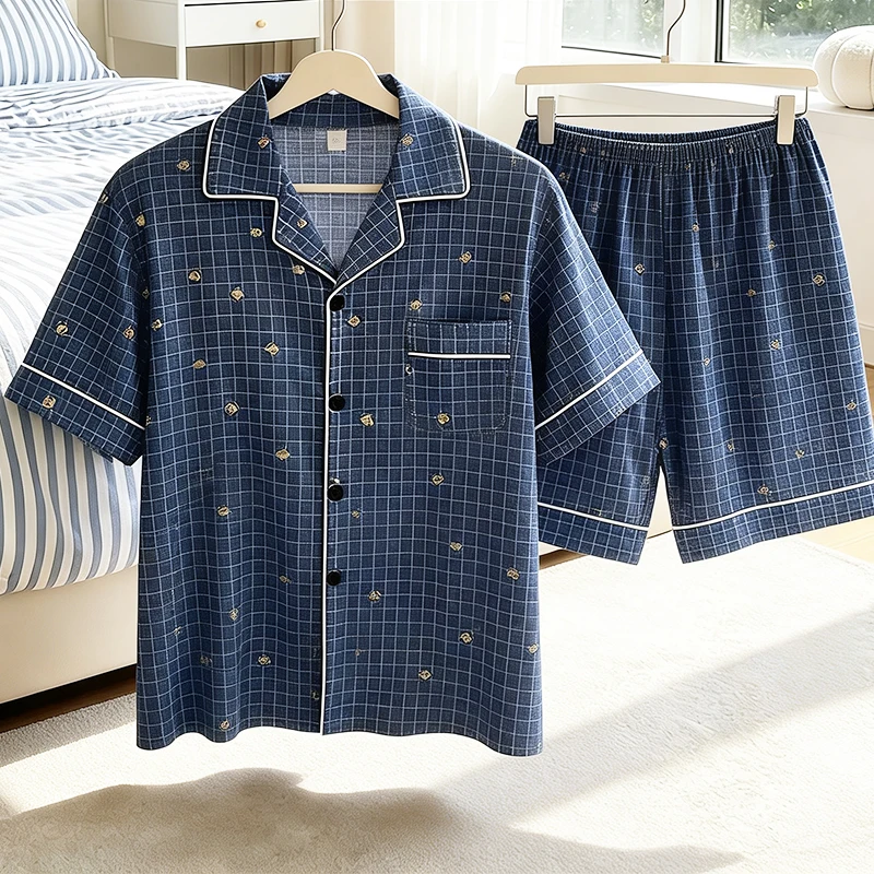 Men's Pajamas Short Sleeved and Shorts New High-End Plaid Youth Home Clothes Sleepwear High Quality Breathable and Comfortable
