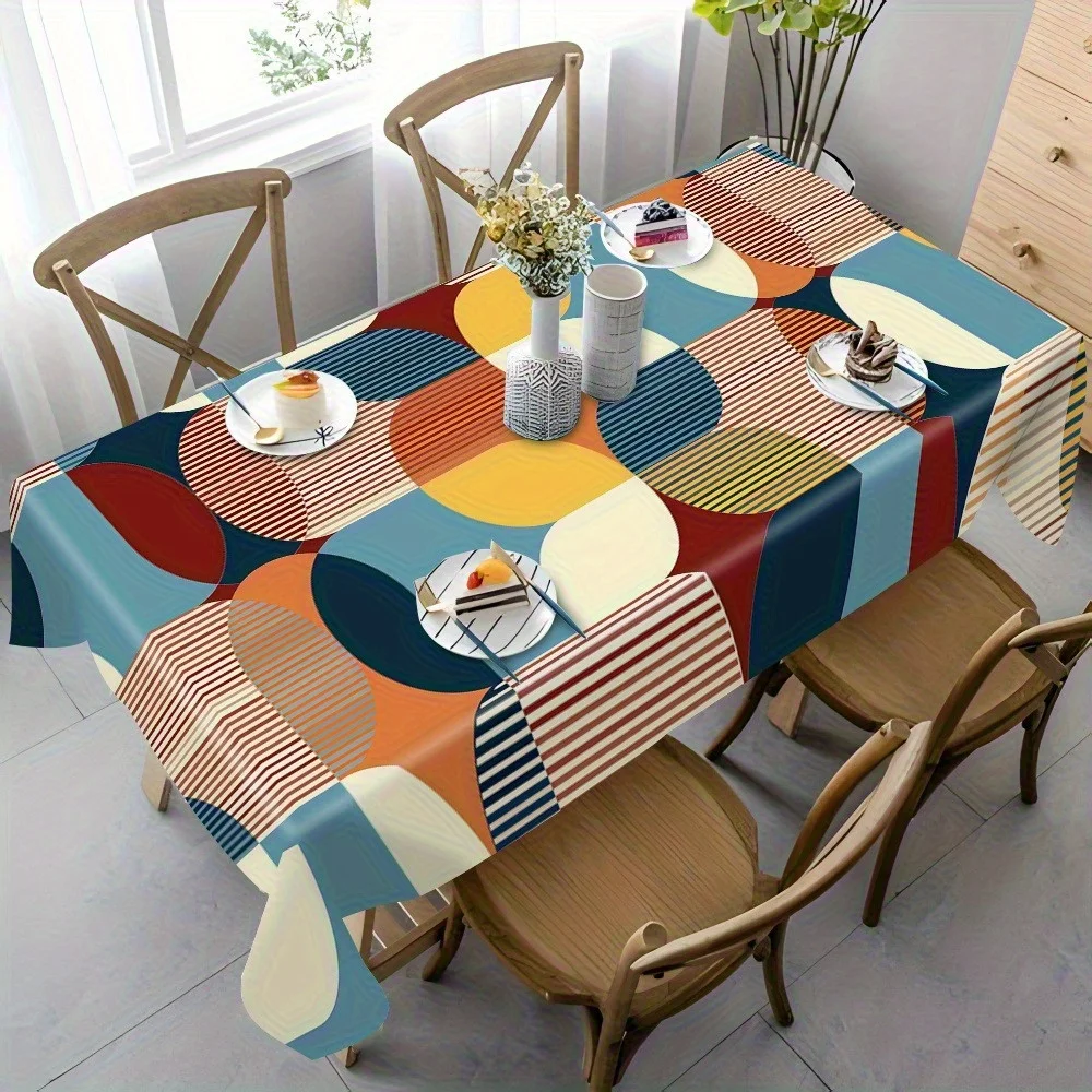 1 piece of 2D Flat Nordic-style geometric pattern tablecloth - Bright blue, orange, and beigezyc