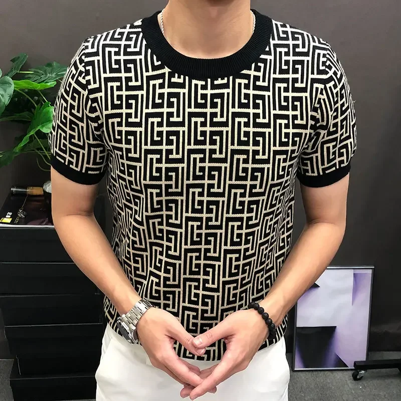 Luxury Spring Short Sleeve Casual T-Shirt Men Geometric Print Knitted T-shirt Business Social O-neck Tops Tees Streetwear