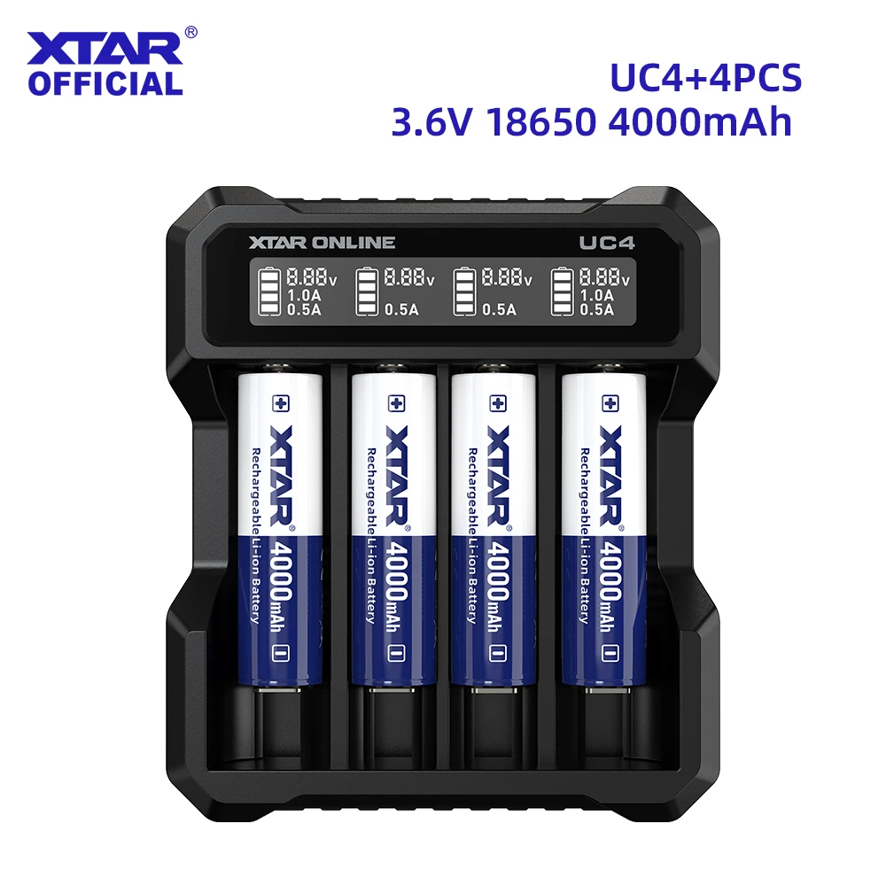 XTAR UC4 4-Slot Battery Charger Combo with 4x 18650 4000mAh or 21700 5000mAh 3.6V Li-ion Batteries Type-C LCD Fast Charging