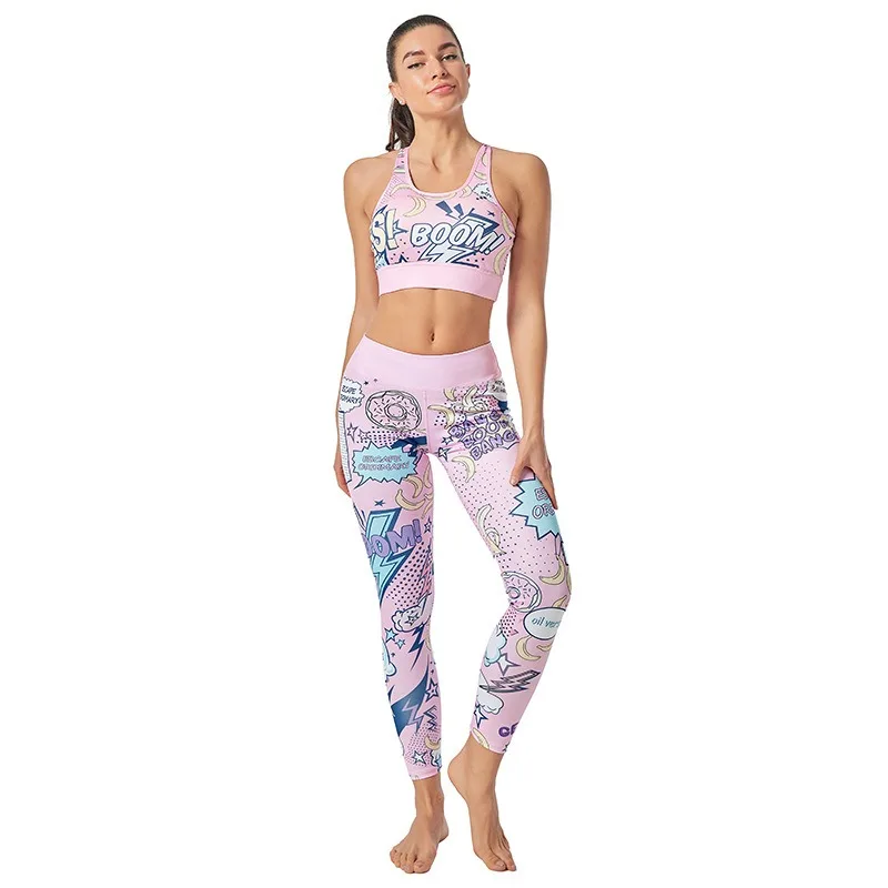 Printed Pants Bottoms Women\'s Sports Fitness Bra Yoga Suit Explosive Cartoon Letter Pattern Absorb Sweat Breathable Sweat