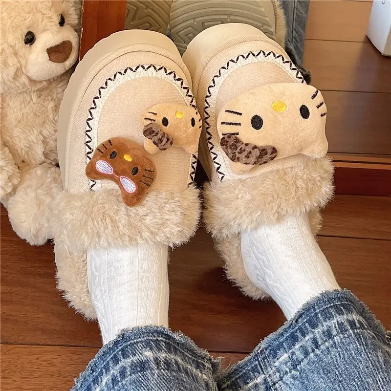 

Плюшевые тапочки в стиле аниме «Hello Kitty», Y2K, женские хлопковые тапочки, милая теплая домашняя обувь для девочек, уличная обувь на толстой подошве, зимние тапочки