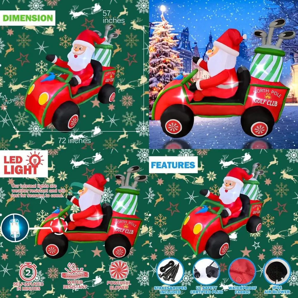 

6ft Santa Golf Cart Inflatable, LED Lighted Christmas Decor, Outdoor & Indoor Holiday Display