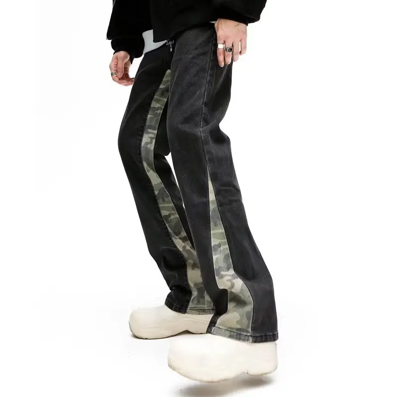 2023 Cool Design Camouflage Patchwork Straight Men Jeans Pants Y2K Clothes Hip Hop Washed Black Casual Long Trousers