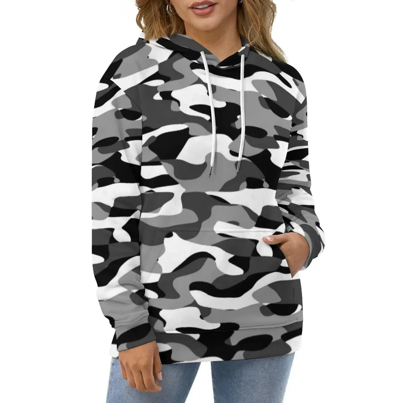 

Dark Gray Camo Hoodies Black And White Camouflage Classic Casual Hoodie Long Sleeve Y2k Design Sweatshirts Large Size