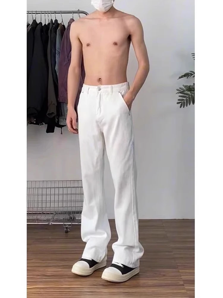

White Slim Fit Straight Leg Jeans mid High Waist Lift Trousers Men American High Street Tall Knife Micro Flared Pants