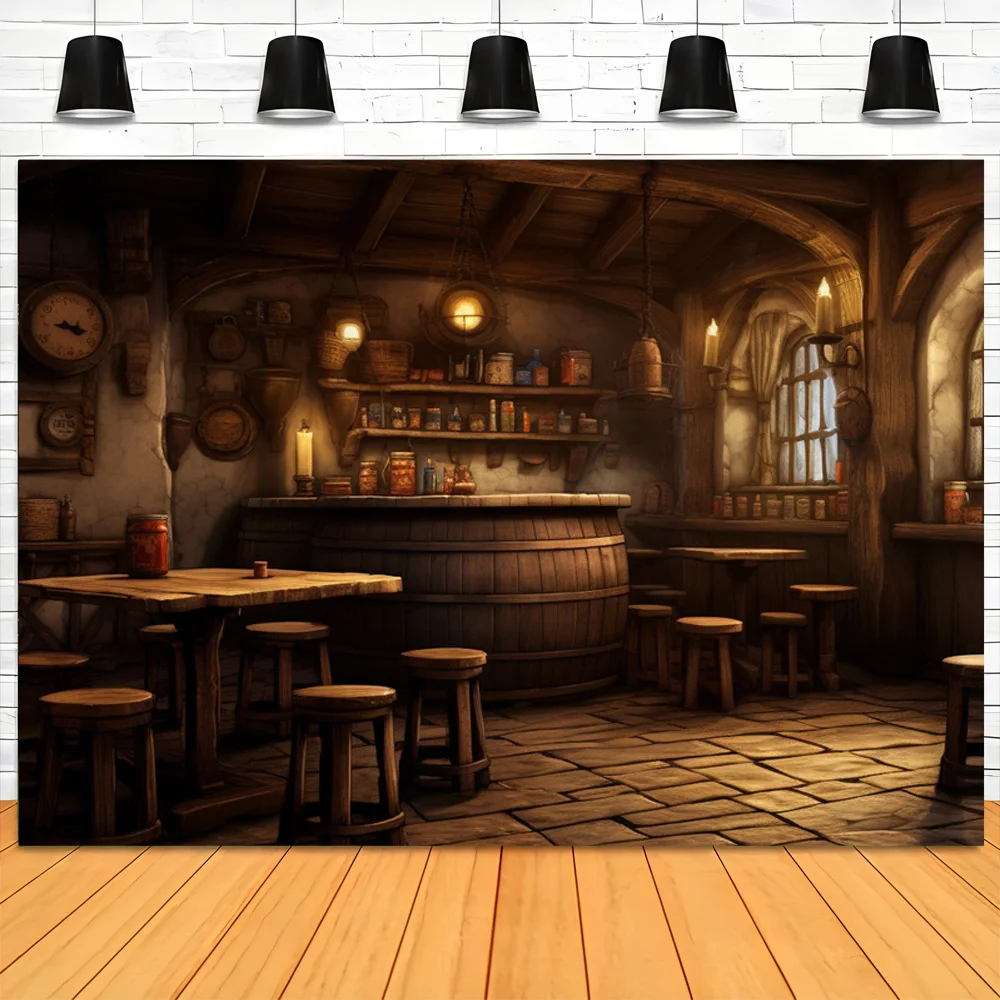 Vintage Old Tavern Barista Coffee Shop Bar Photography Backdrop Warm Medieval Inn Fantasy Retro Photo Studio Background LJG-01