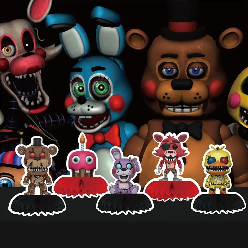 FNAF Horror Game Freddy Bonnie Chica Foxy Birthday Party Decorations 5pcs Honeycomb Table Centerpieces Theme Party Supplies