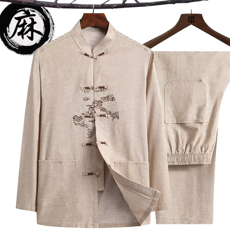 Traje de estilo chino bordado para hombre, ropa Tang, línea de algodón, Hanfu, traje Vintage de Taichi, abrigos de ropa con cuello mandarín