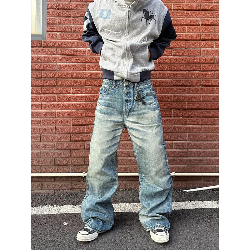  Retro Washed American High Street Vibe Gradient Jeans Men's Loose Drapey Wide Leg Casual Long Trousers mid Waist Zipper Fly