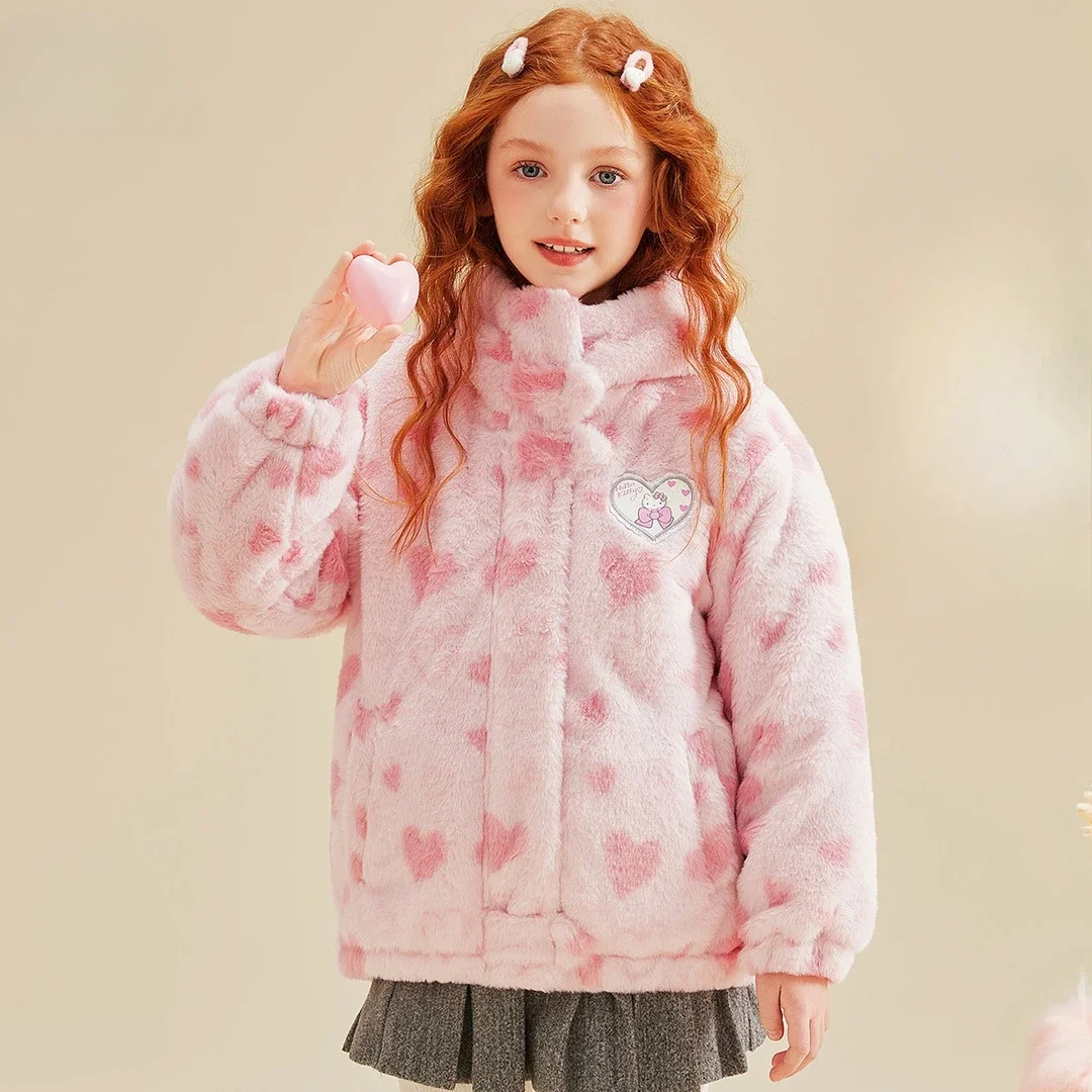 Kawaii Hello Kitty Kids Thicken Embroidery Plush Coat Sanrio Anime Hooded Clothes Fashion Girls Winter Long-sleeves Warm Tops