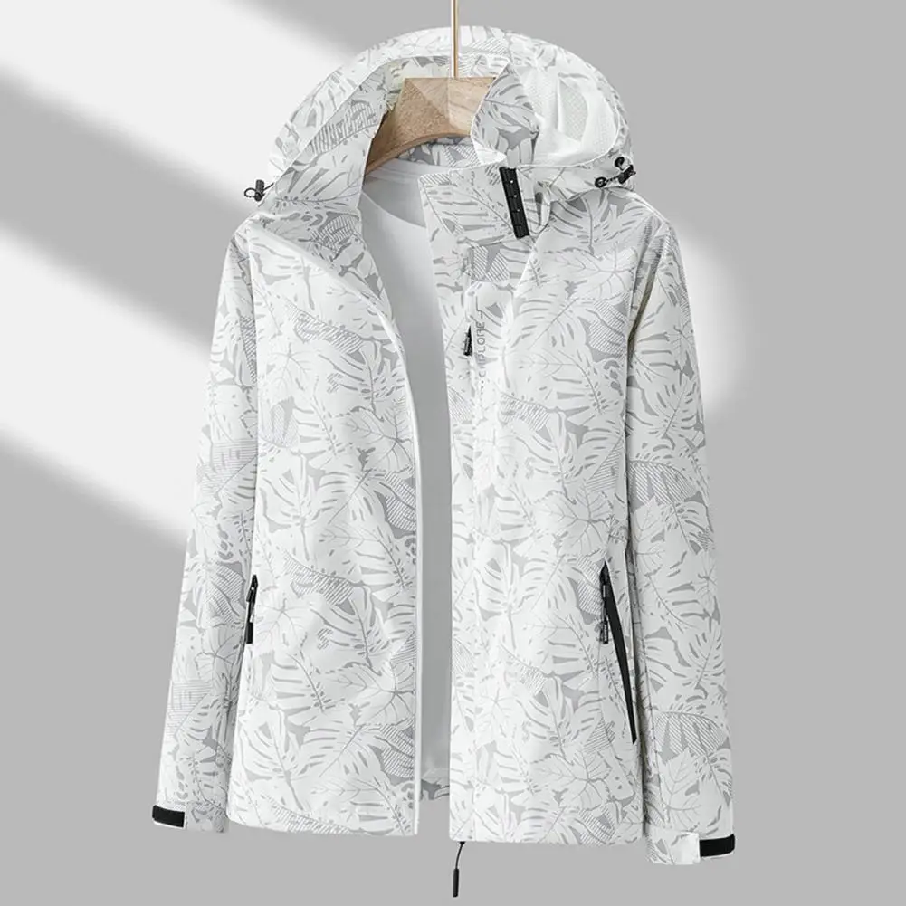 Damen jacken Outdoor Wind breaker Blatt druck einlagig wasserdicht Langarm Kapuze Reiß verschluss taschen Mäntel куртка женская