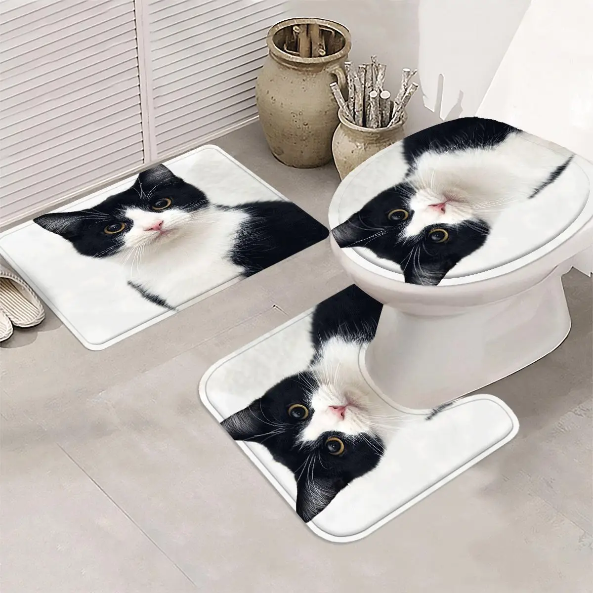 

3pcs winter decoration with fun cat patterns, high-quality flannel non-slip bathroom rug, toilet seat cover and U-shaped carpet,