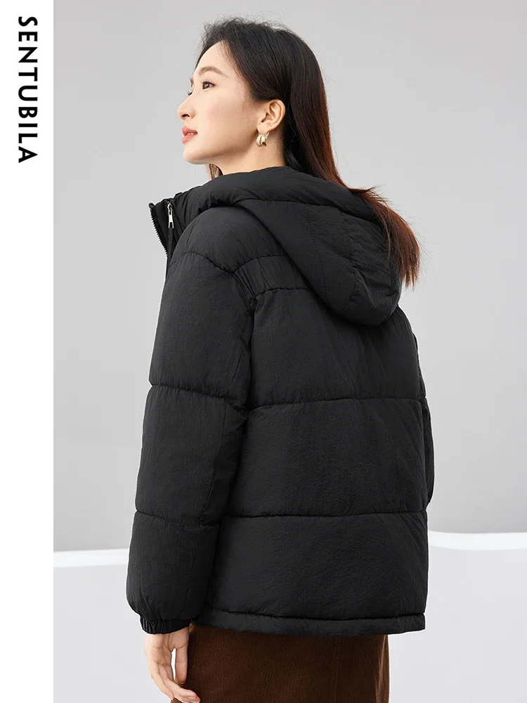 SENTUBILA Thick Warm Hooded Short Parkas Jackets Women 2024 Winter Casual Zipper Crop Padding Jacket Solid Coat Tops W44M58577X