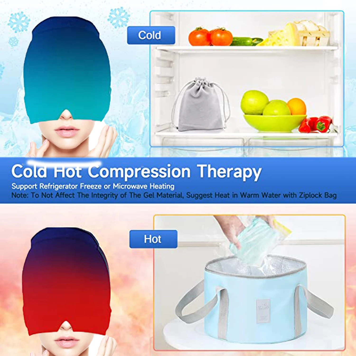 Migraine Relief HatHead Massager Gel Hot Cold Therapy Headache Migraine Relief Cap For Chemo,Sinus Neck Wearable Therapy Wrap