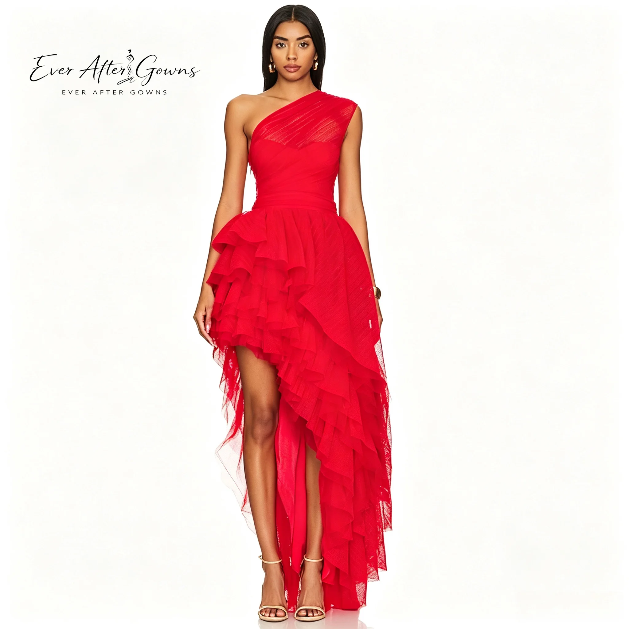 Ever After Gowns Red Tulle One Shoulder High Low Midi Maxi Dress Tiered Ruffle Asymmetrical Formal Cocktail Gown
