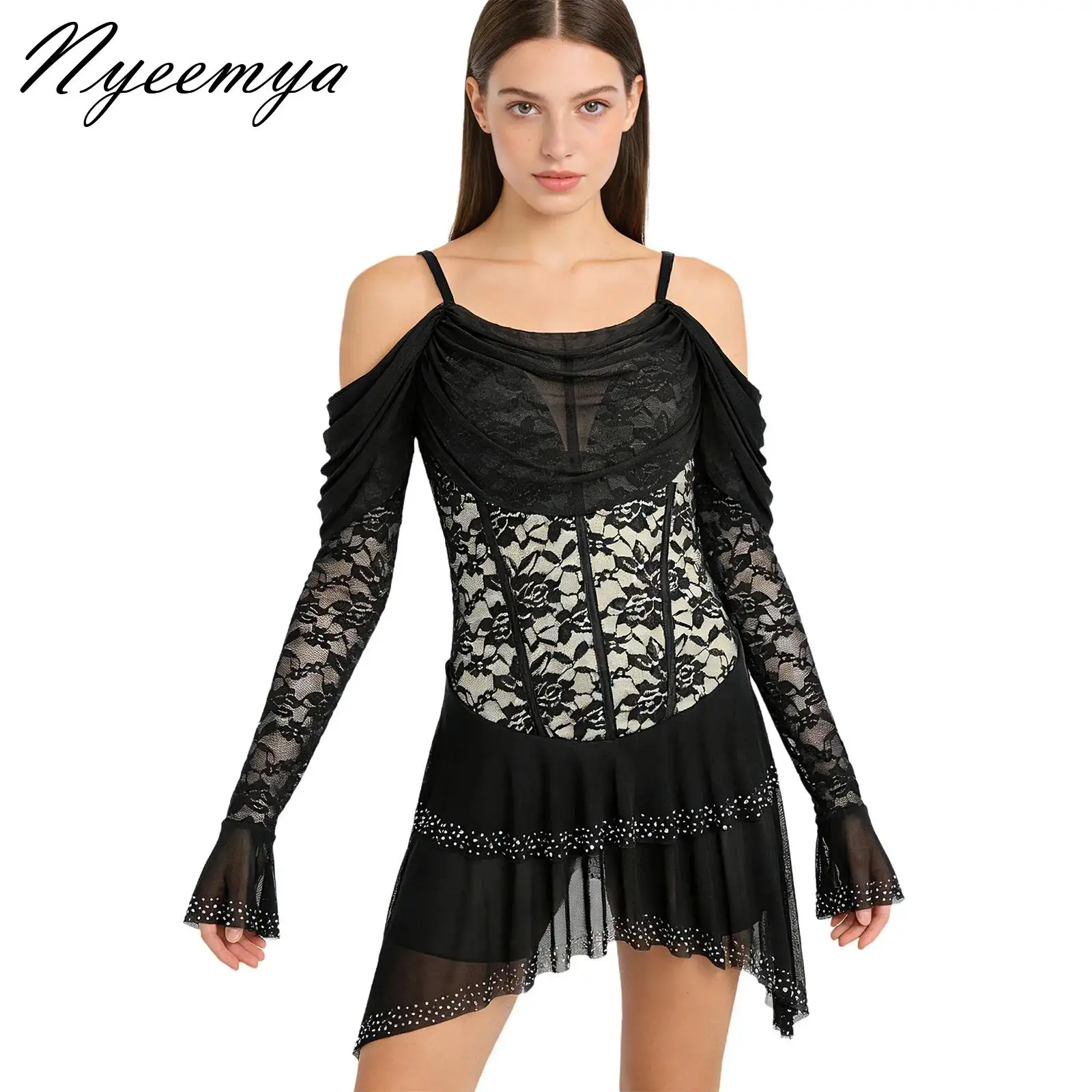

Women Adults Figure Skating Jersey Lyrical Modern Dance Dress Competition Costume Floral Lace Sleeve Leotards Dress Gymnastic