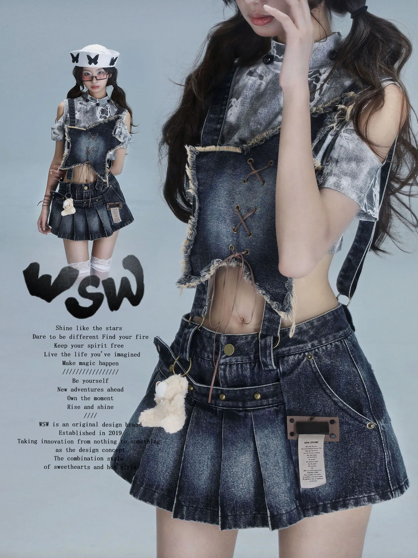 Wsw Original Design Removableamerican Hot Girls Blue Washed Denim Overall Star Top and Short Jeans Bib Pleated Shorts Skirts