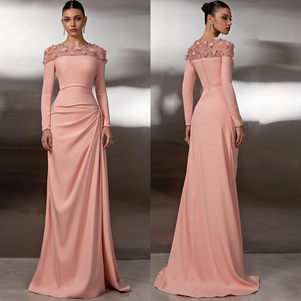 

Изысканное атласное вечернее платье по индивидуальному заказу, нежные платья для выпускного вечера с круглым вырезом, вечерние платья с длинными рукавами для особых случаев