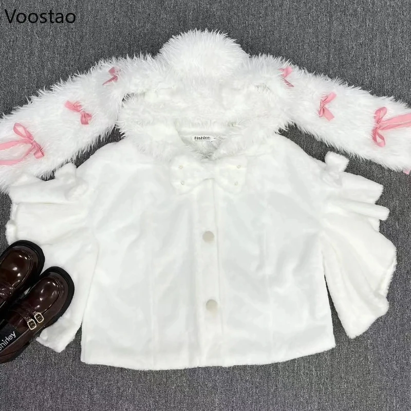 Japonais doux oreilles de lapin Lolita manteau à capuche automne hiver femmes Kawaii peluche Patchwork Capes manteau femme chaud châle pardessus