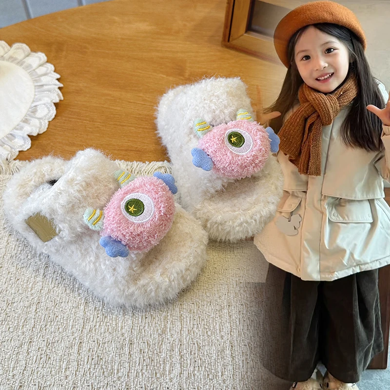 Kids Cute Monster Plush Slide Slippers, Soft Furry Cartoon Decor Open Toe Non Slip Warm Shoes for Indoor Home Wear