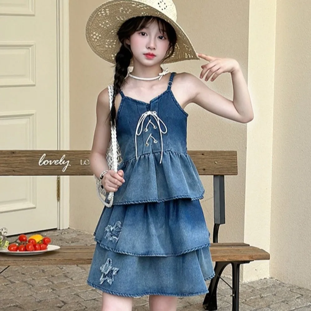 

Sleeveless Children Denim Strap Skirt Holiday Princess Girls Cowboy Dress Loose Gradient Ruffled Gradient Puff Dress Travel