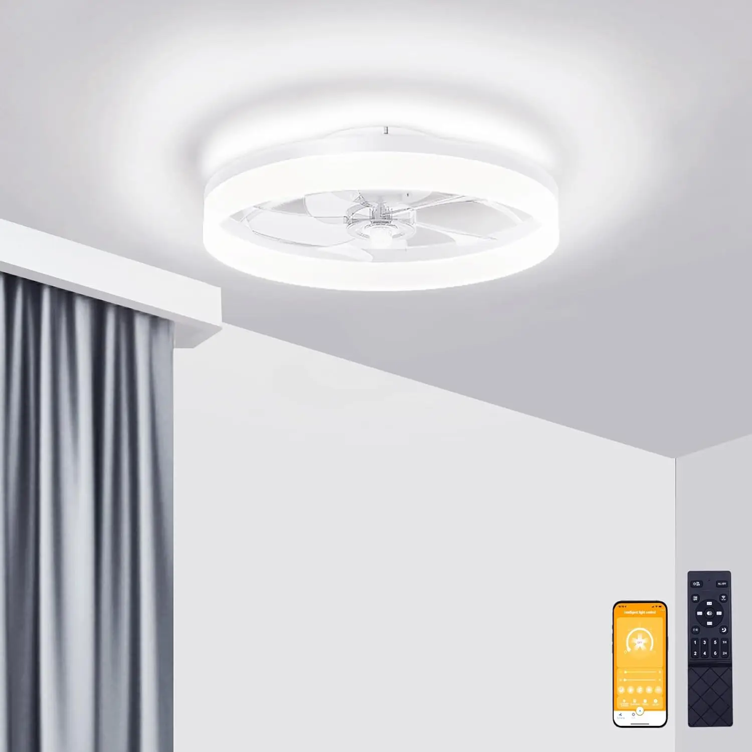 Low Profile Plafondventilatoren Met Verlichting En Afstandsbediening, 19,7-In Kroonluchter Plafondventilator Flush Mount, 3000K-6500K Smart Bladeless Led