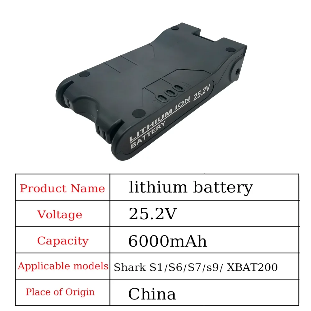 25.2V 6000mAh for Shark S1 S2 S3 S4 S6 S7 S9 IC205 200C 200W XBAT200 Vacuum Cleaner Lithium Battery