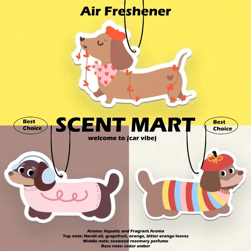 Cute dachshund car air freshener — couple styles available. Cartoon/anime design, perfect for rearview mirrors, Creative and fun