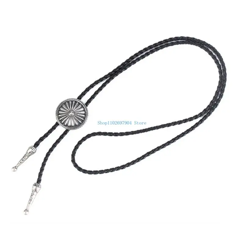 N7YF Western Bolo Tie Neckties Necklace with Metal Round Flower Cowboy Hat Pendant