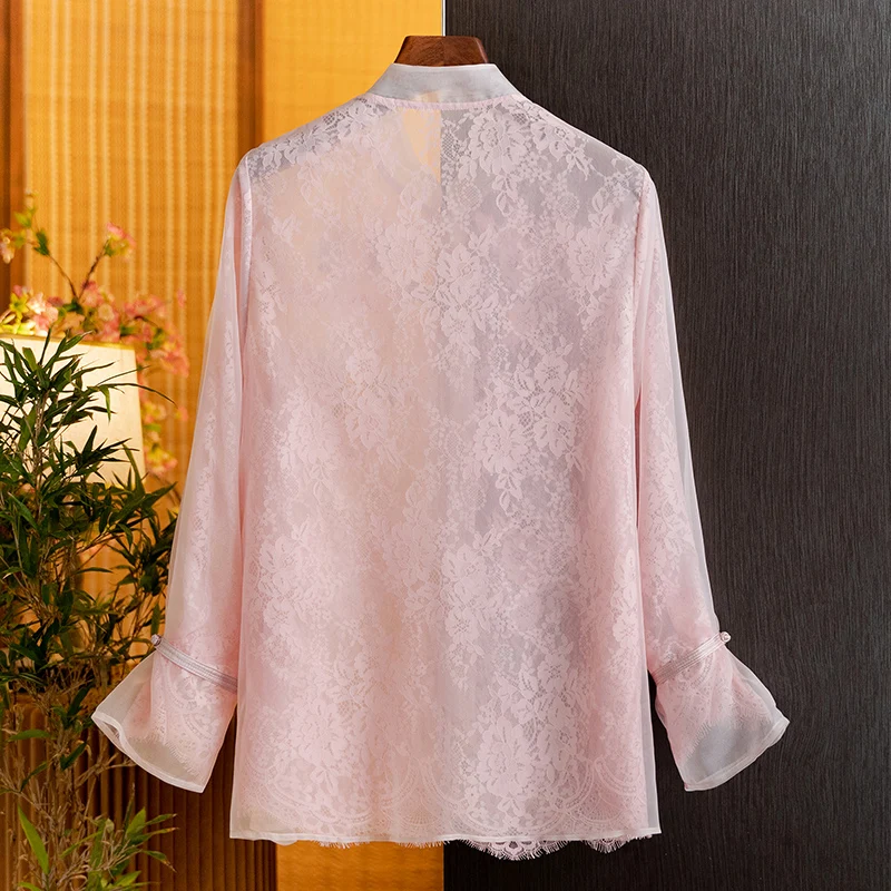 New Chinese-Style Mulberry Silk Embroidered Pearl Button Fashion Shirt for Women, 2026 Spring New Silk Stylish Long-Sleeve Top for Women