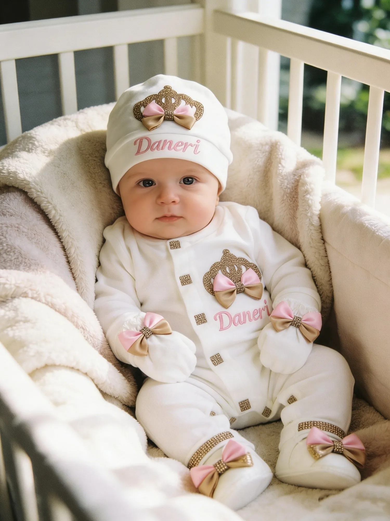 Baby Girl Daneri Princess Gift Set - Onesie Hat Mittens Shoes with Crown Embroidery for Baptism