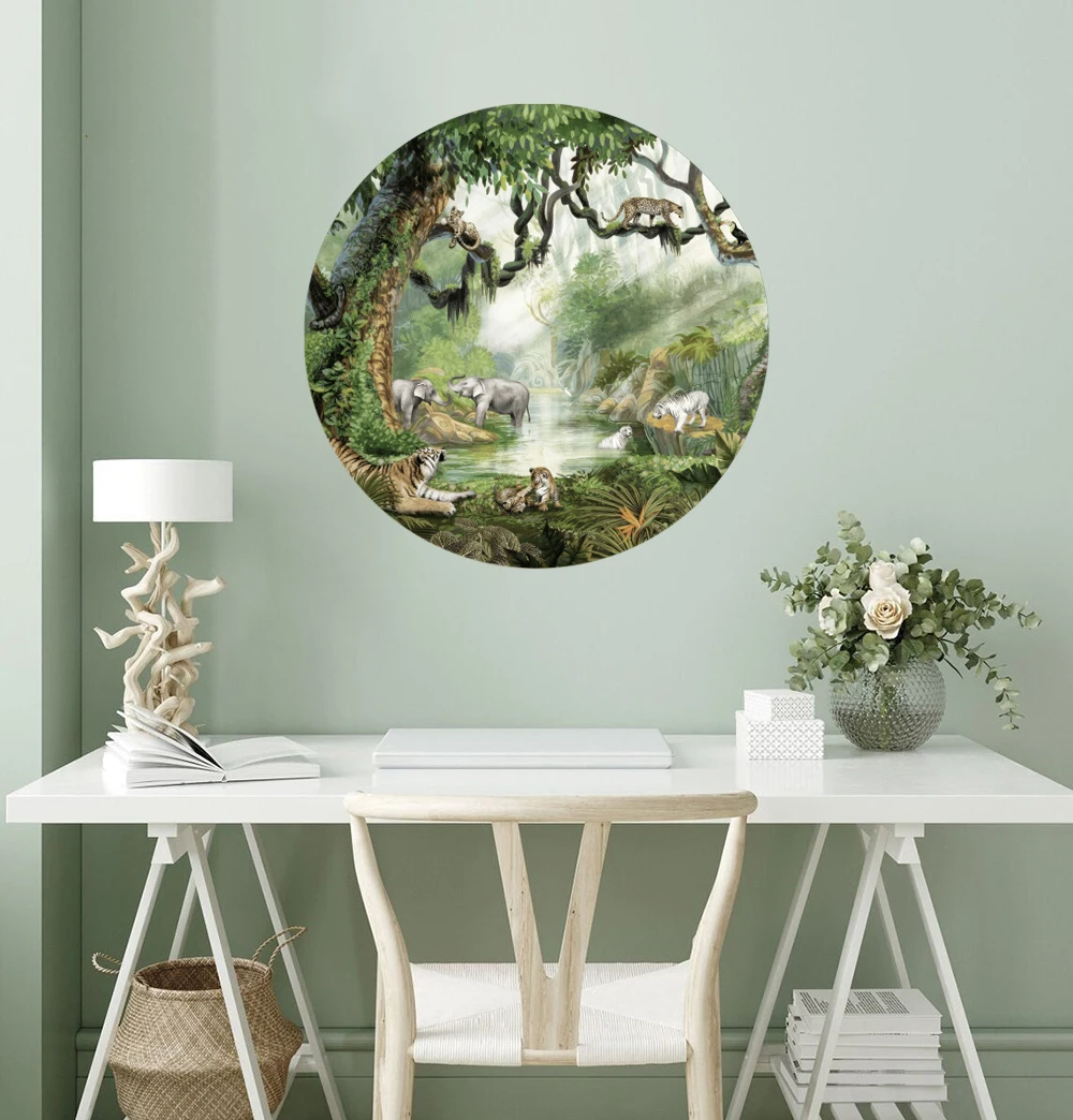 Jungle Safari Forest Circle Landscape Wall Sticker Bedroom Tree Elephant Tiger Wall Decal Bedroom Playroom Decor