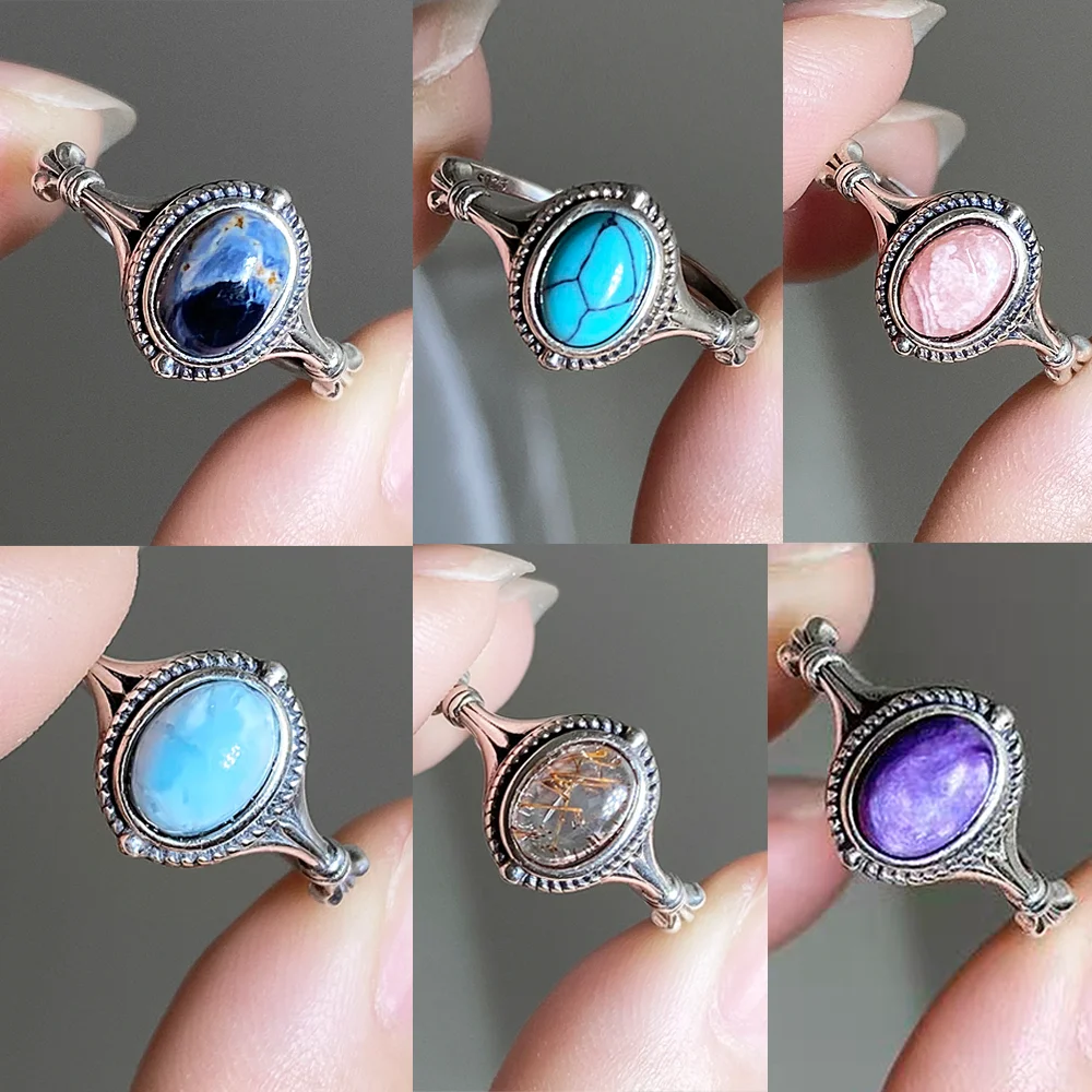 

925 sterling silver ring set with natural gemstone turquoise Larimar、 Rhodochrosite/Charoite、Pietersite，Vintage Women's Ring