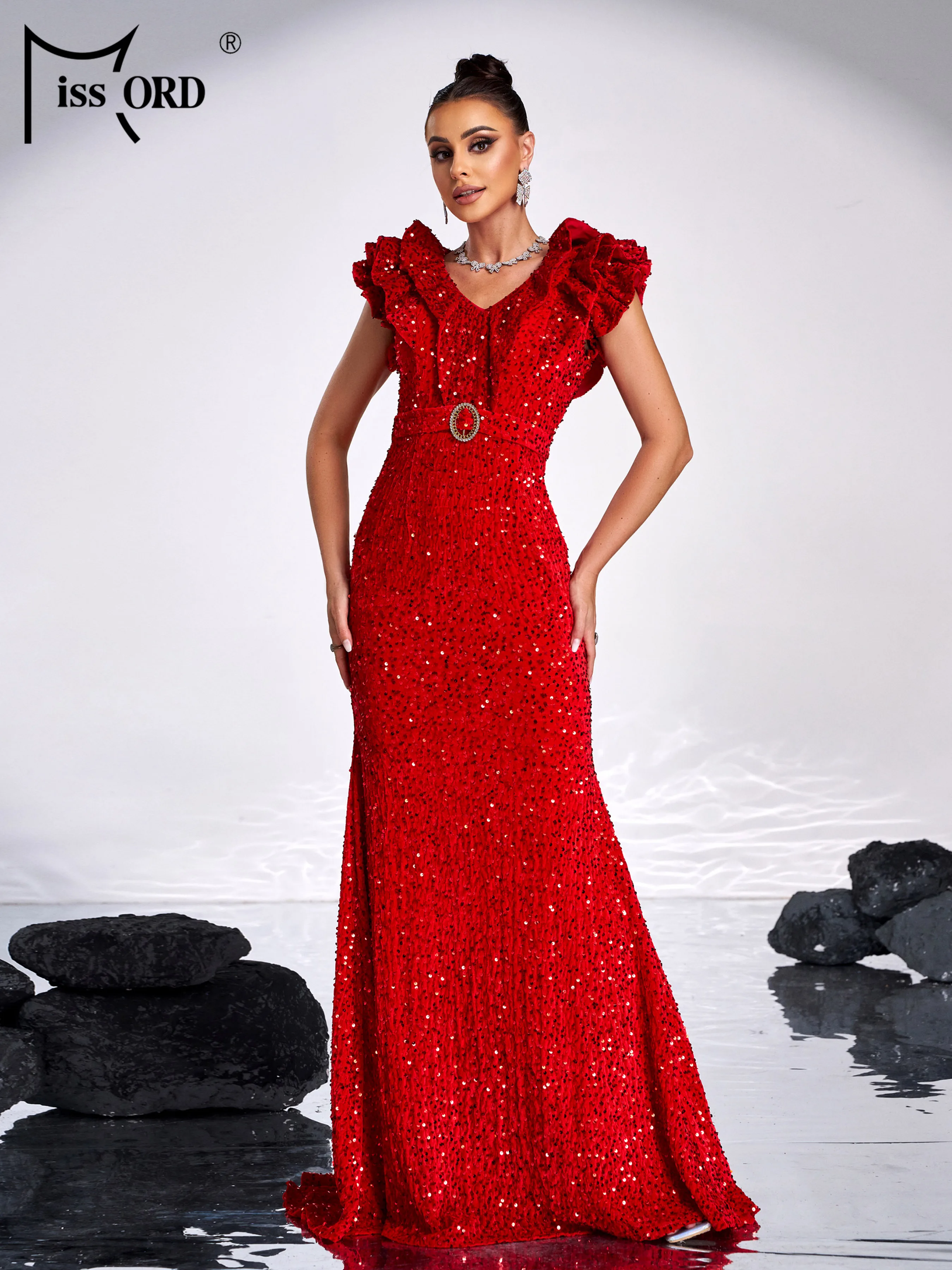 

Missord New Red Sequin Mermaid Evening Dress Maxi Chic Elegant Cocktail Bride Wedding Birthday Party Formal Occasion Dresses