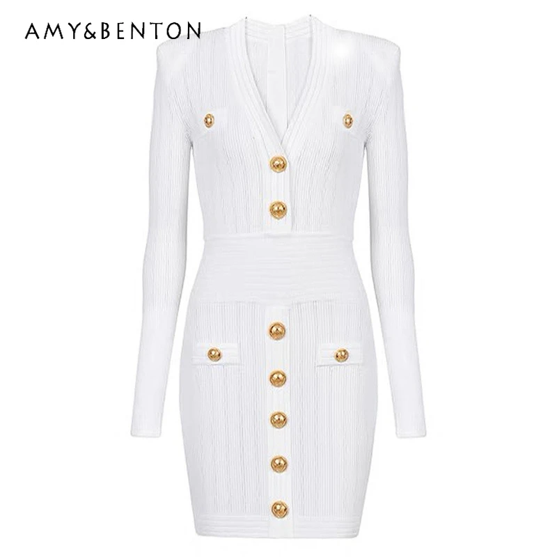 

European American New Women's Clothing Fashion Temperament Knitted Fabric V-neck Slimming Thin Long-sleeved Short Dress Ladies