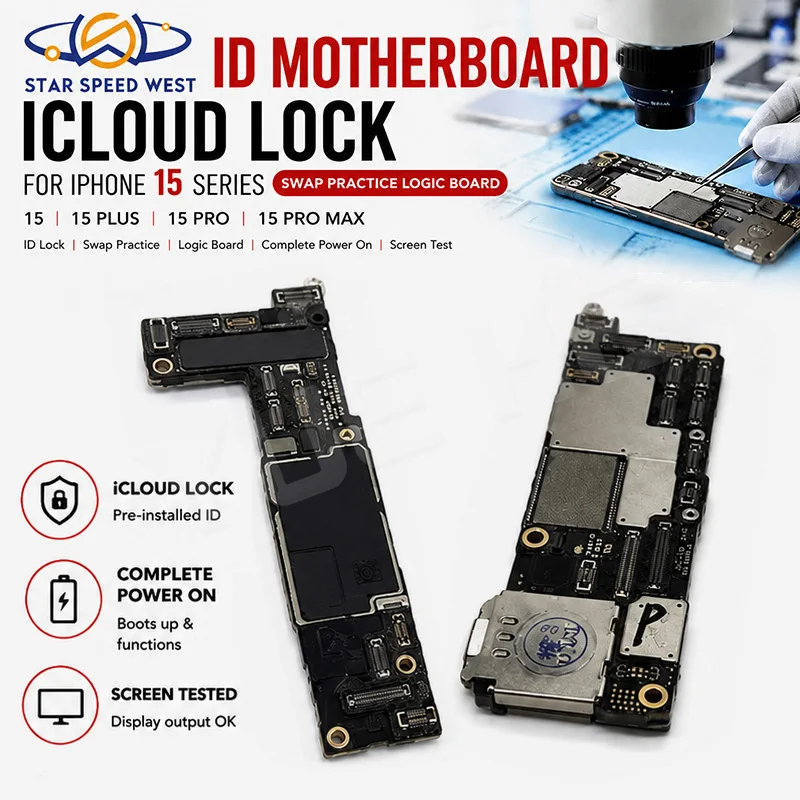 ID ICloud Lock Logic Board For iPhone 15 15Pro 15Plus 15ProMax Swap Practice Power On Screen Test Mainboard Repair Skill LCD