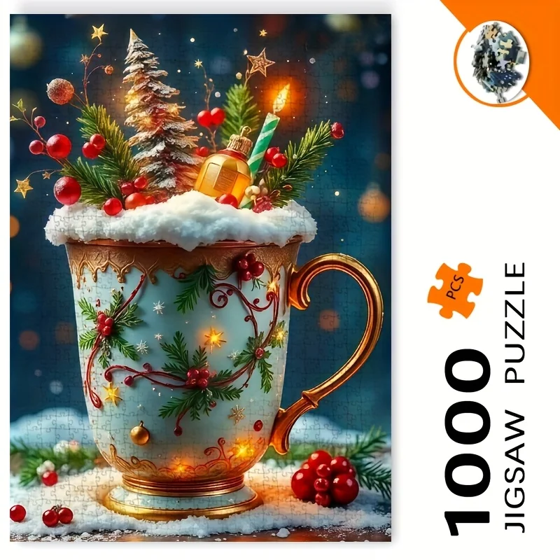 1000 Stück festliches Weihnachts-Tassenszenen-Puzzle – lebendiges Feiertagsdesign mit Schneeflocken, Beeren und Tannenzapfen, rahmenloses DI
