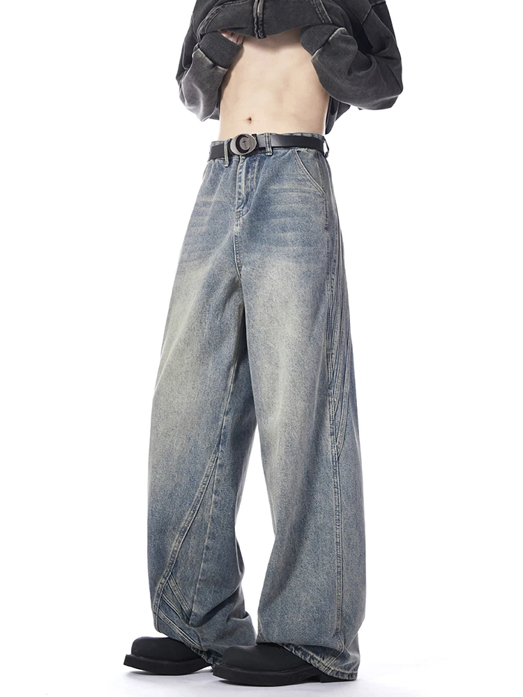 

Мужские джинсовые джинсы с американской талией в стиле ретро, модные свободные широкие длинные брюки в полоску в стиле пэчворк