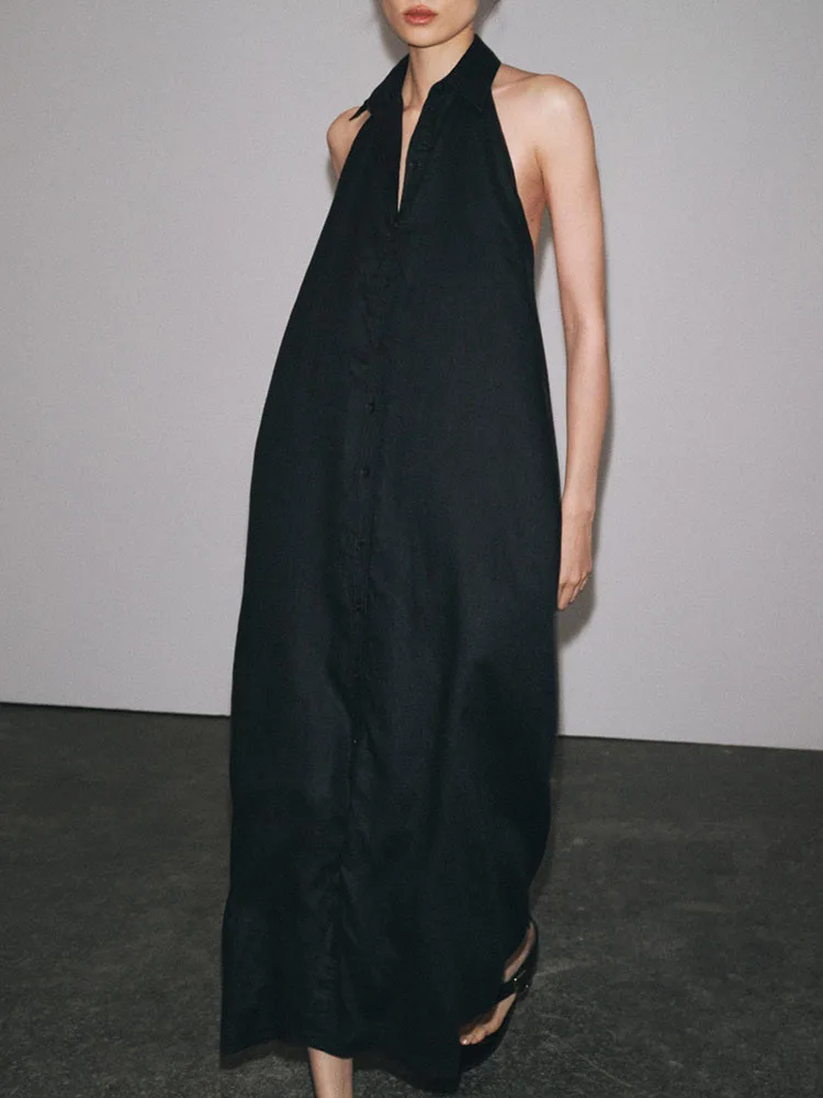 Vestido Largo sin Mangas con Espalda Descubierta y Cuello ter, Nuevo Estilo Veraniego, Hoado, con Cintura Ajustable, Cue...